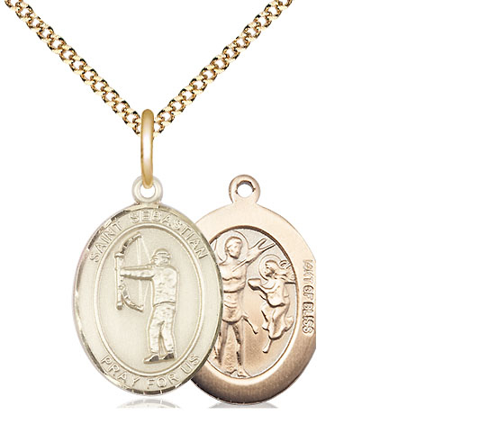 14kt Gold Filled Saint Sebastian Archery Pendant on a 18 inch Gold Plate Light Curb chain