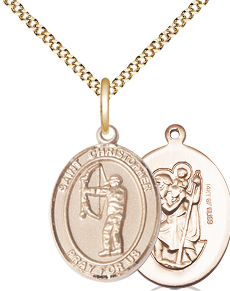 14kt Gold Filled Saint Christopher Archery Pendant on a 18 inch Gold Plate Light Curb chain