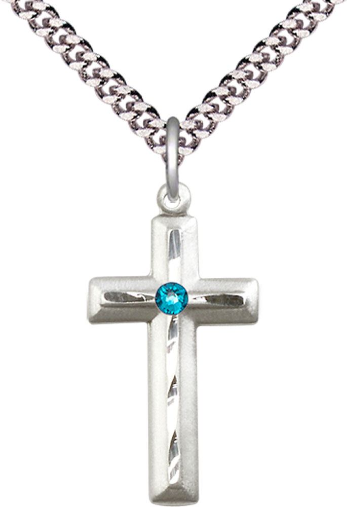 Sterling Silver Cross Pendant with a 3mm Zircon Swarovski stone on a 24 inch Light Rhodium Heavy Curb chain