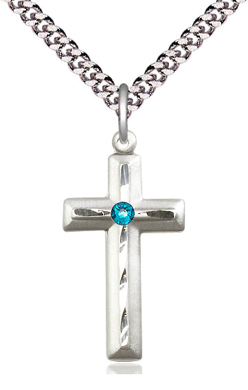 Sterling Silver Cross Pendant with a 3mm Zircon Swarovski stone on a 24 inch Light Rhodium Heavy Curb chain