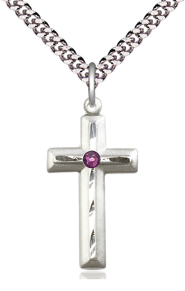 Sterling Silver Cross Pendant with a 3mm Amethyst Swarovski stone on a 24 inch Light Rhodium Heavy Curb chain