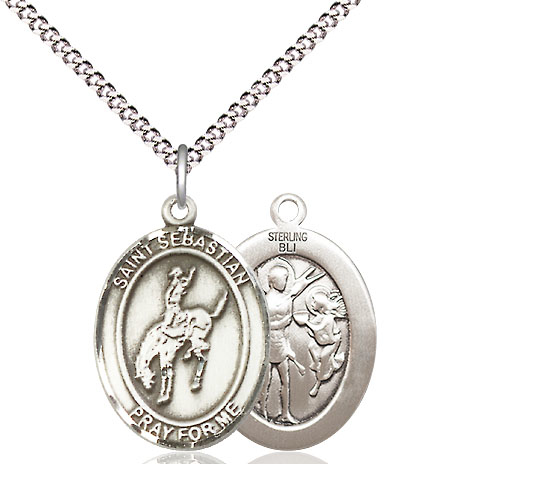 Sterling Silver Saint Sebastian Rodeo Pendant on a 18 inch Light Rhodium Light Curb chain