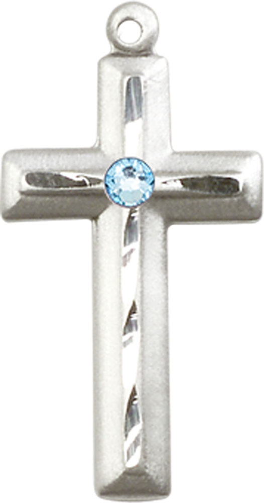 Sterling Silver Cross Medal with a 3mm Aqua Swarovski stone