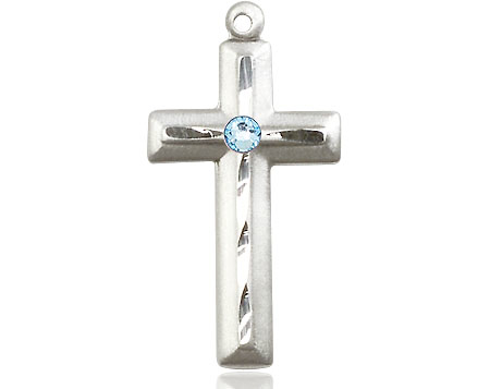 Sterling Silver Cross Medal with a 3mm Aqua Swarovski stone