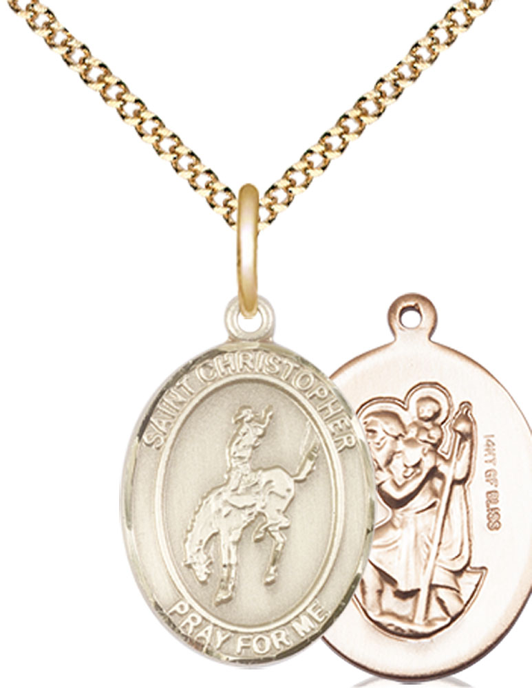 14kt Gold Filled Saint Christopher Rodeo Pendant on a 18 inch Gold Plate Light Curb chain