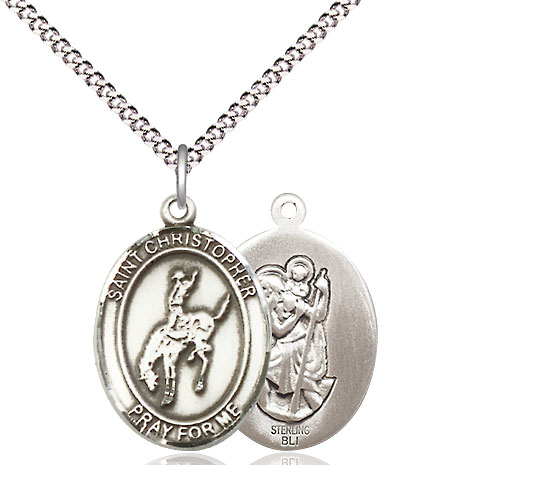 Sterling Silver Saint Christopher Rodeo Pendant on a 18 inch Light Rhodium Light Curb chain