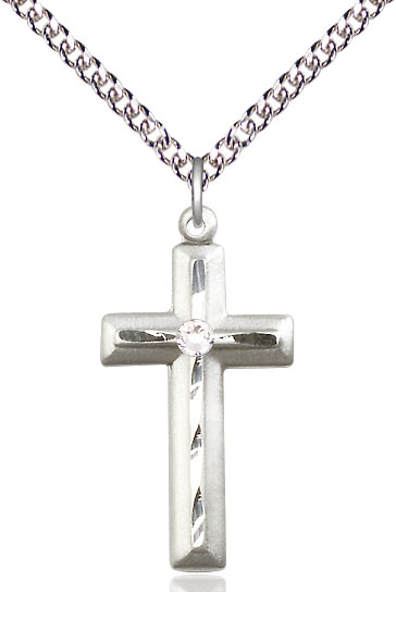 Sterling Silver Cross Pendant with a 3mm Crystal Swarovski stone on a 24 inch Sterling Silver Heavy Curb chain