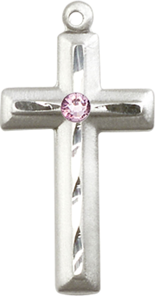 Sterling Silver Cross Medal with a 3mm Light Amethyst Swarovski stone