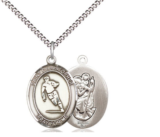 Sterling Silver Saint Christopher Rugby Pendant on a 18 inch Light Rhodium Light Curb chain