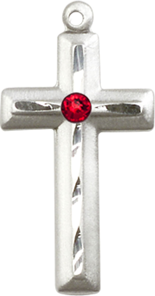 Sterling Silver Cross Medal with a 3mm Ruby Swarovski stone