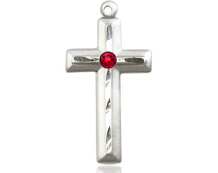 Sterling Silver Cross Medal with a 3mm Ruby Swarovski stone