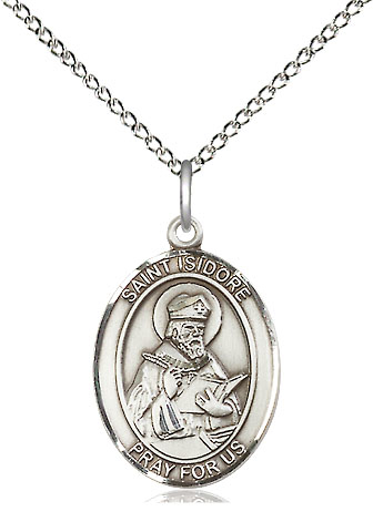 Sterling Silver Saint Isidore of Seville Pendant on a 18 inch Sterling Silver Light Curb chain