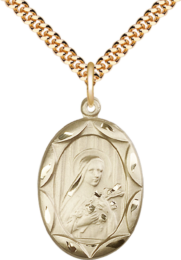 14kt Gold Filled Saint Theresa Pendant on a 24 inch Gold Plate Heavy Curb chain