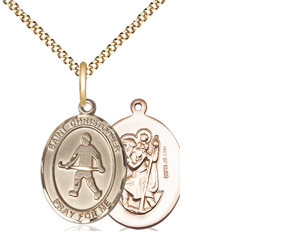 14kt Gold Filled Saint Christopher Field Hockey Pendant on a 18 inch Gold Plate Light Curb chain