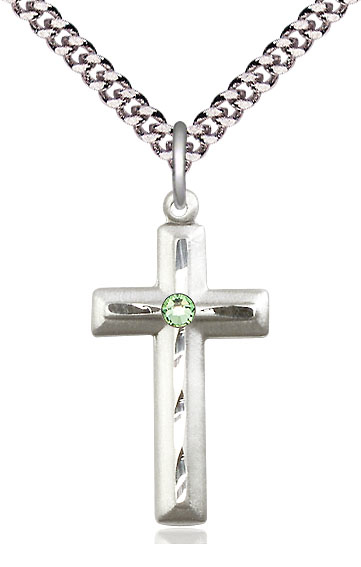 Sterling Silver Cross Pendant with a 3mm Peridot Swarovski stone on a 24 inch Light Rhodium Heavy Curb chain