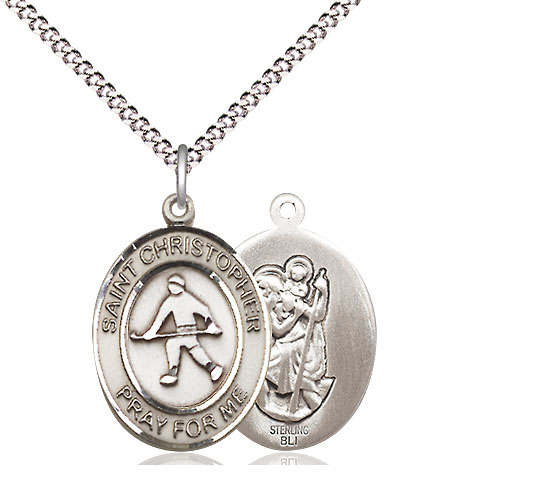 Sterling Silver Saint Christopher Field Hockey Pendant on a 18 inch Light Rhodium Light Curb chain