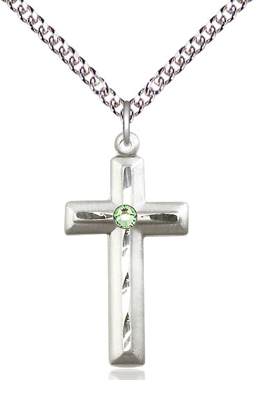 Sterling Silver Cross Pendant with a 3mm Peridot Swarovski stone on a 24 inch Sterling Silver Heavy Curb chain