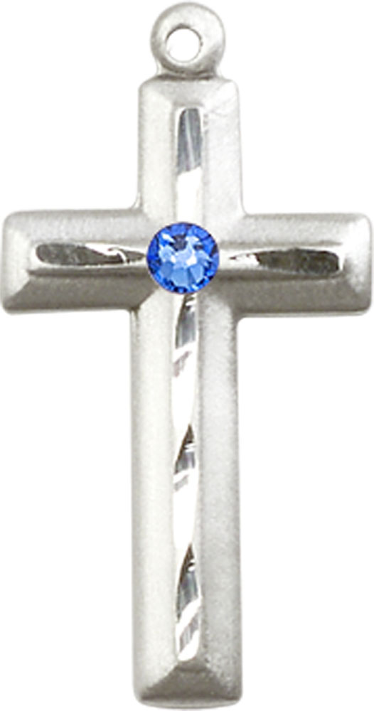 Sterling Silver Cross Medal with a 3mm Sapphire Swarovski stone