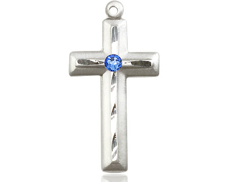 Sterling Silver Cross Medal with a 3mm Sapphire Swarovski stone