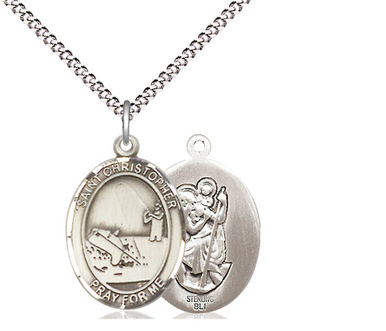 Sterling Silver Saint Christopher Fishing Pendant on a 18 inch Light Rhodium Light Curb chain