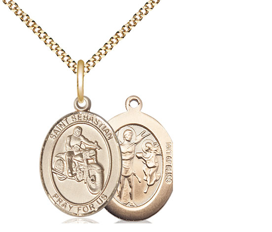 14kt Gold Filled Saint Sebastian Motorcycle Pendant on a 18 inch Gold Plate Light Curb chain