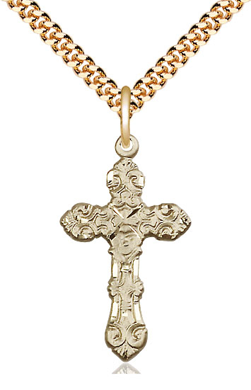 14kt Gold Filled Cross Pendant on a 24 inch Gold Plate Heavy Curb chain