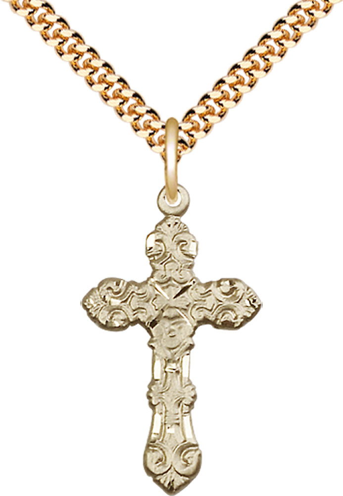 14kt Gold Filled Cross Pendant on a 24 inch Gold Plate Heavy Curb chain