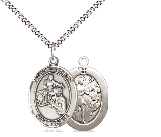 Sterling Silver Saint Sebastian Motorcycle Pendant on a 18 inch Light Rhodium Light Curb chain