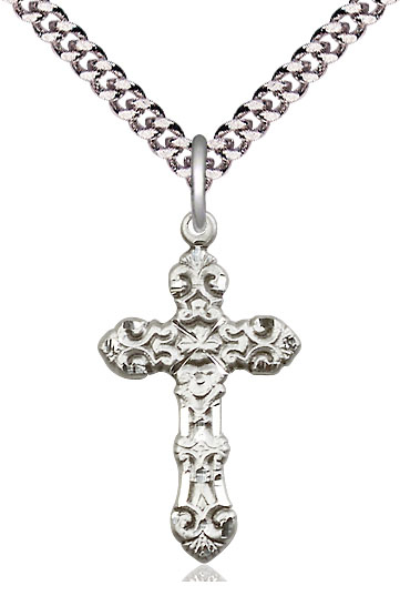 Sterling Silver Cross Pendant on a 24 inch Light Rhodium Heavy Curb chain