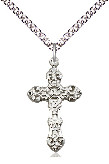 Sterling Silver Cross Pendant on a 24 inch Sterling Silver Heavy Curb chain