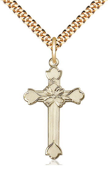 14kt Gold Filled Cross Pendant on a 24 inch Gold Plate Heavy Curb chain