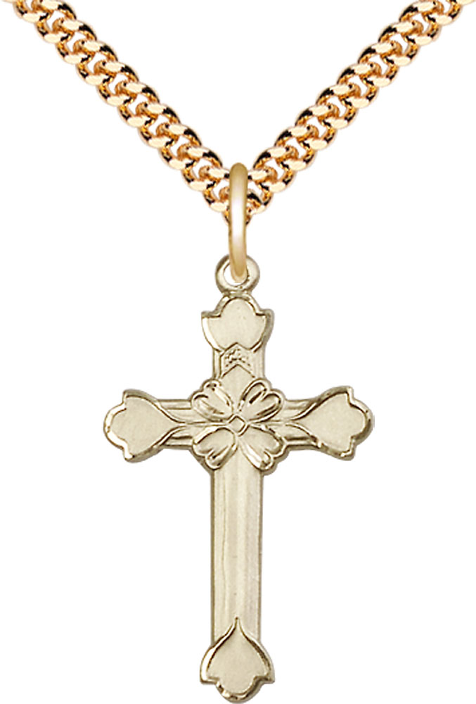 14kt Gold Filled Cross Pendant on a 24 inch Gold Plate Heavy Curb chain