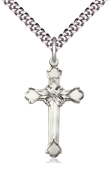 Sterling Silver Cross Pendant on a 24 inch Light Rhodium Heavy Curb chain