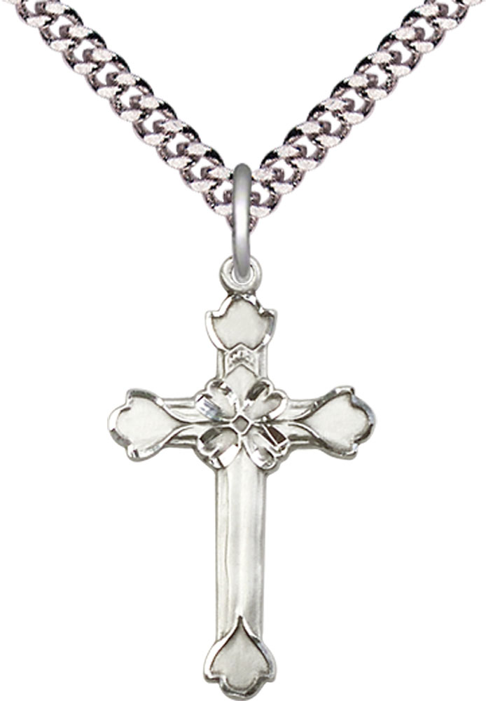 Sterling Silver Cross Pendant on a 24 inch Light Rhodium Heavy Curb chain