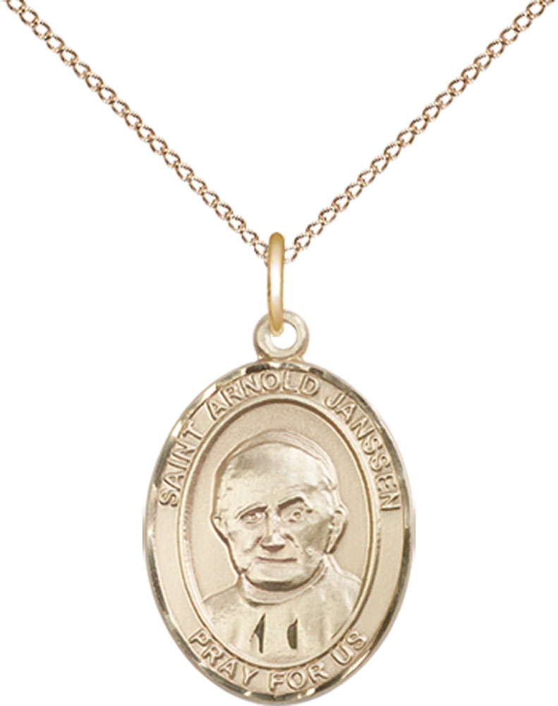 14kt Gold Filled Saint Arnold Janssen Pendant on a 18 inch Gold Filled Light Curb chain