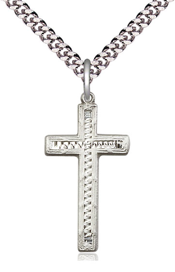 Sterling Silver Cross Pendant on a 24 inch Light Rhodium Heavy Curb chain