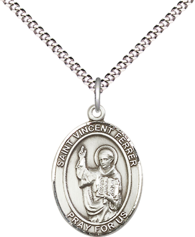 Sterling Silver Saint Vincent Ferrer Pendant on a 18 inch Light Rhodium Light Curb chain