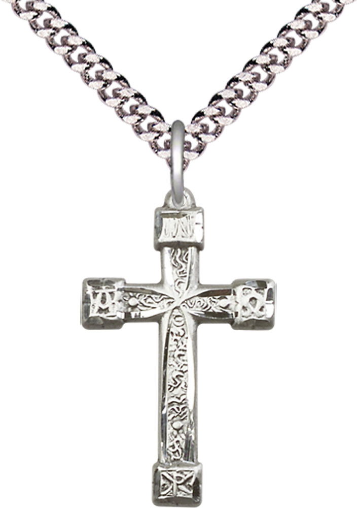 Sterling Silver Cross Pendant on a 24 inch Light Rhodium Heavy Curb chain