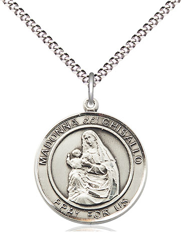 Sterling Silver Madonna del Ghisallo Pendant on a 18 inch Light Rhodium Light Curb chain