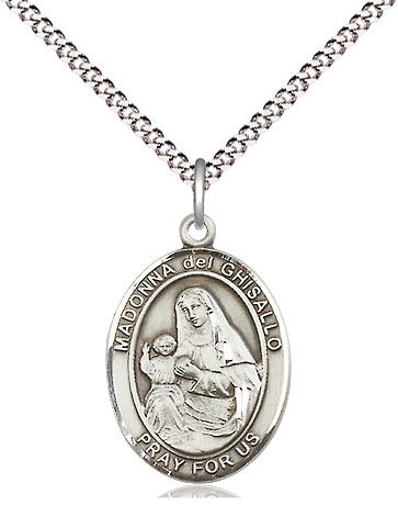 Sterling Silver Saint Madonna Del Ghisallo Pendant on a 18 inch Light Rhodium Light Curb chain