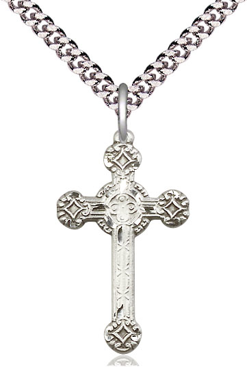 Sterling Silver Cross Pendant on a 24 inch Light Rhodium Heavy Curb chain