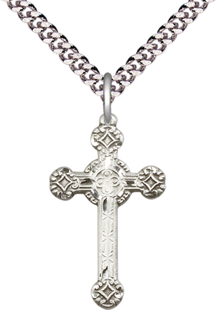 Sterling Silver Cross Pendant on a 24 inch Light Rhodium Heavy Curb chain