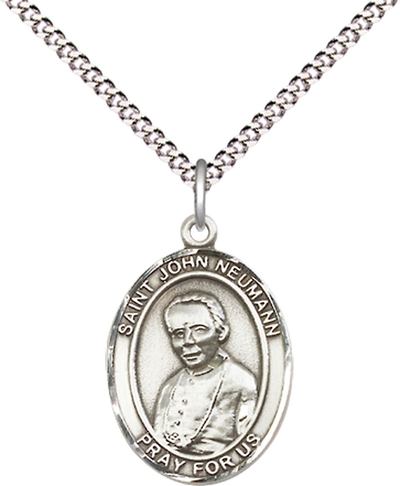 Sterling Silver Saint John Neumann Pendant on a 18 inch Light Rhodium Light Curb chain