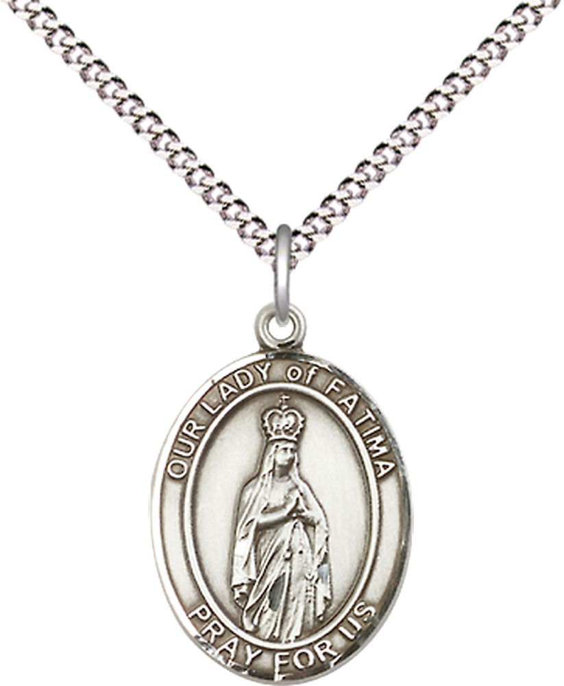 Sterling Silver Our Lady of Fatima Pendant on a 18 inch Light Rhodium Light Curb chain