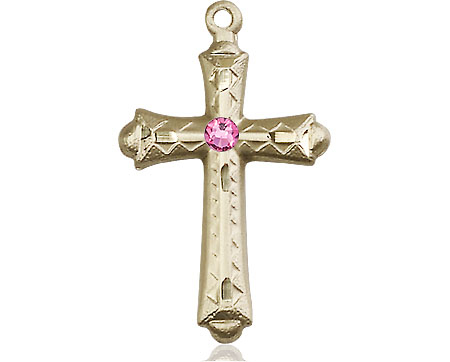 14kt Gold Filled Cross Medal with a 3mm Rose Swarovski stone