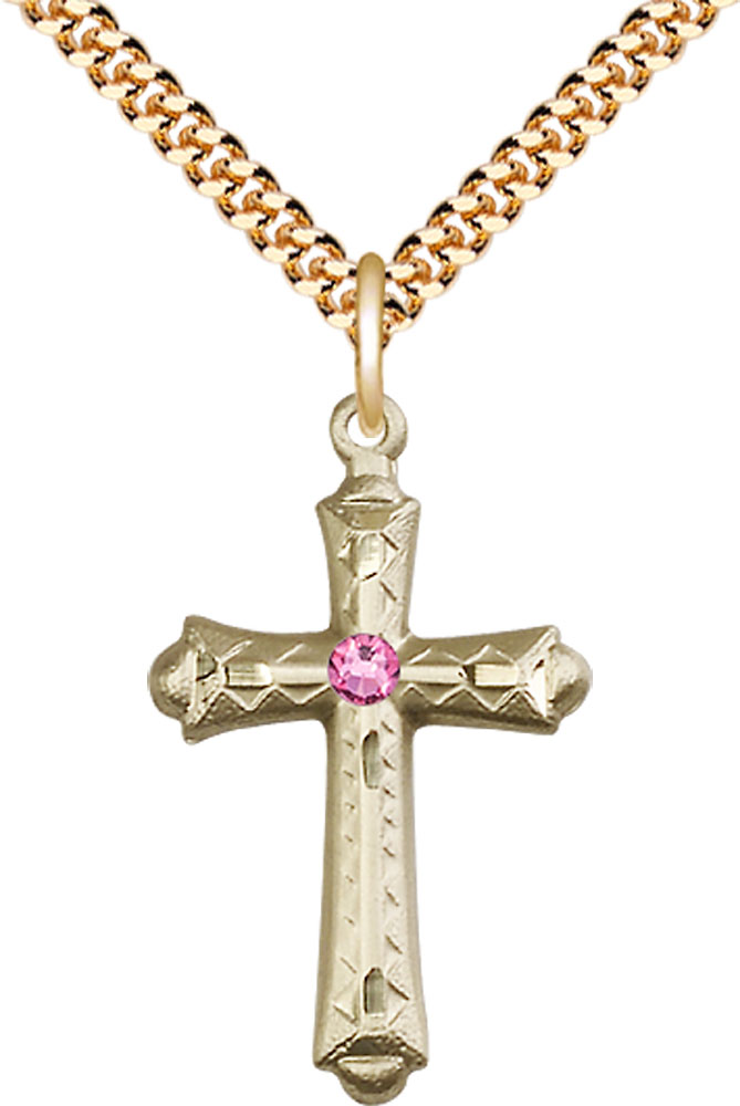 14kt Gold Filled Cross Pendant with a 3mm Rose Swarovski stone on a 24 inch Gold Plate Heavy Curb chain