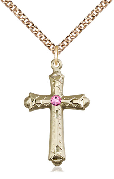 14kt Gold Filled Cross Pendant with a 3mm Rose Swarovski stone on a 24 inch Gold Filled Heavy Curb chain