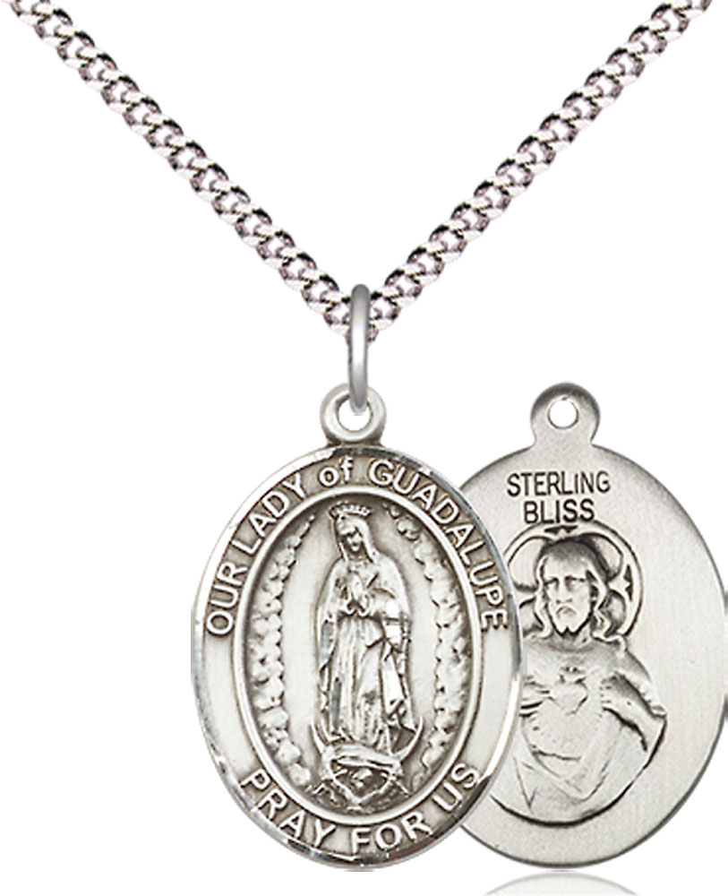 Sterling Silver Our Lady of Guadalupe Pendant on a 18 inch Light Rhodium Light Curb chain
