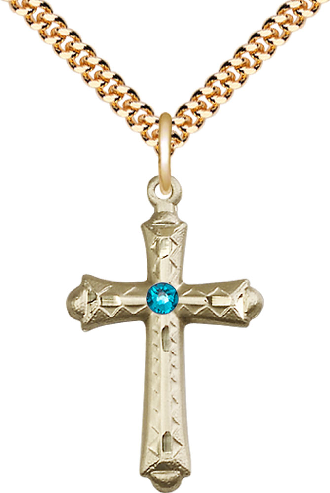 14kt Gold Filled Cross Pendant with a 3mm Zircon Swarovski stone on a 24 inch Gold Plate Heavy Curb chain