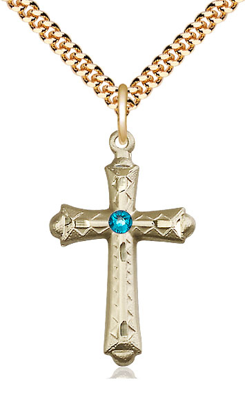 14kt Gold Filled Cross Pendant with a 3mm Zircon Swarovski stone on a 24 inch Gold Plate Heavy Curb chain